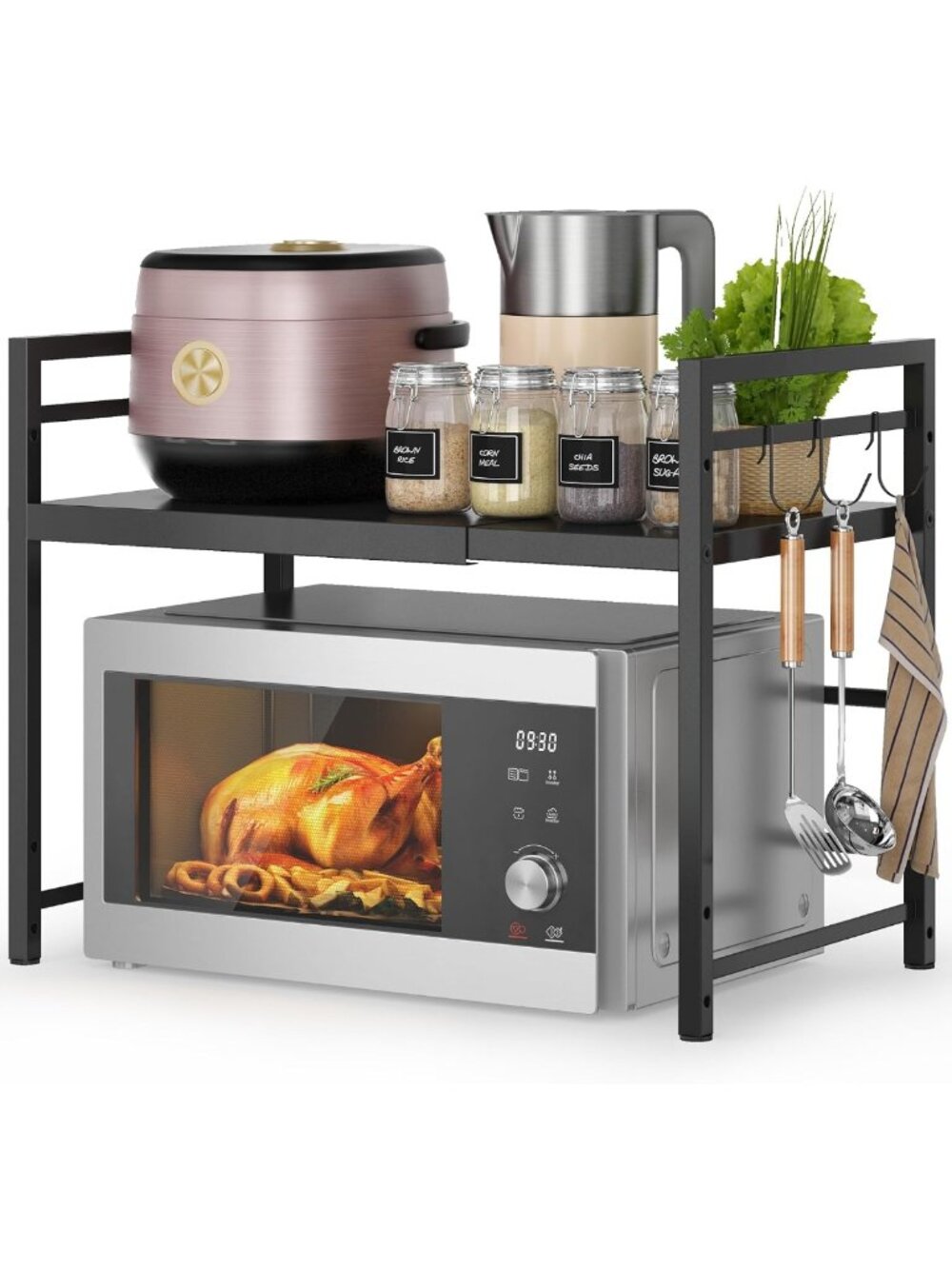Expandable Microwave Oven Rack - Countertop Storage Shelf with 3 Hooks, Carbon